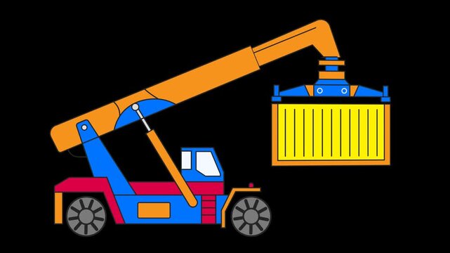 Graphic illustration of a reach stacker lifting a cargo shipping container