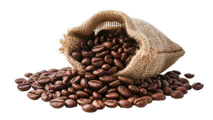 Burlap sack spilling roasted coffee beans