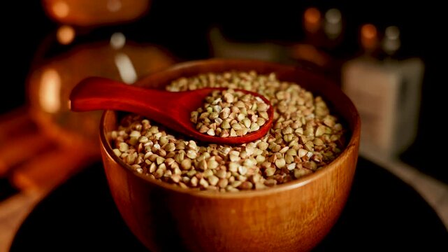 Organic Green Buckwheat groats in wooden bowl with serving spoon