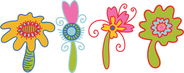 Fototapeta premium Set of four bright fantasy flowers