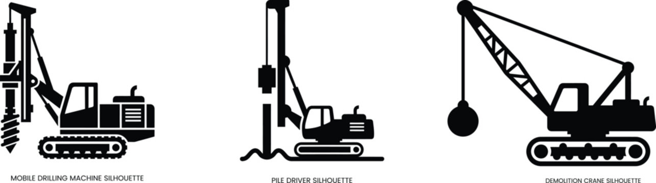 Set of heavy construction machinery silhouettes including drilling rig pile driver and demolition crane for industrial infrastructure projects