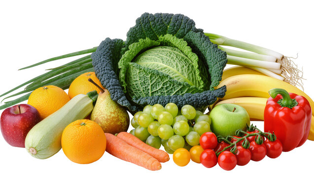 Assorted fresh fruits and vegetables including cabbage bananas apples oranges grapes tomatoes carrots zucchini pear, and leeks