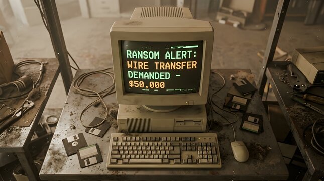 Computer monitor displays a digital ransom alert message on a cluttered office desk.