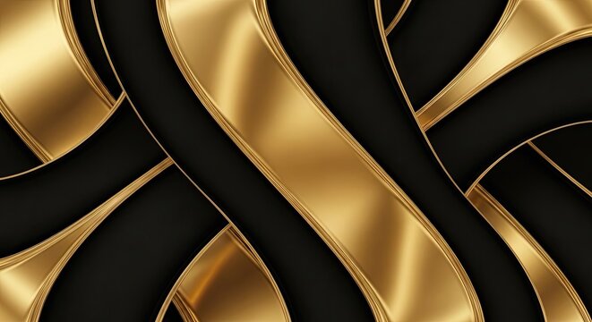 Gold metallic ribbons on black background with shiny curves and lines
