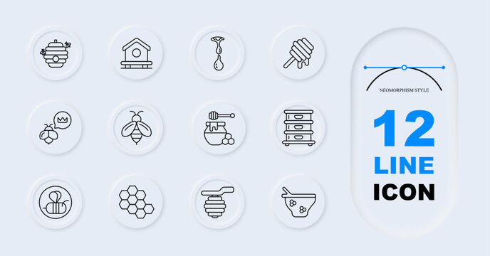 Honey production set icon. Line style icons display beehive, house hive, dripping honey, honey stick, queen bee, worker bee, jar honey, storage box, bee symbol, hexagon cells, hanging hive