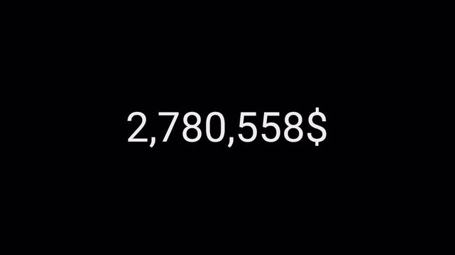 Number counter animation from zero to five million Doller on a transparent background, Business increase counting dollar animation. Dollar counting from 0 to 5000000 Doller