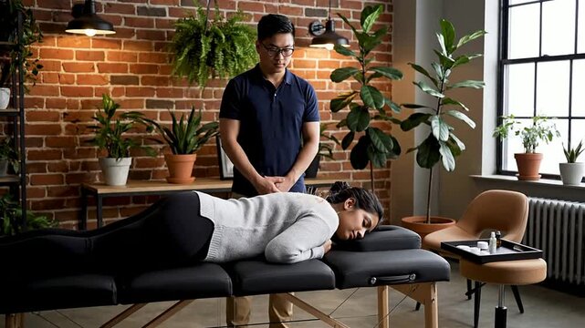 Professional Massage Therapy Session In Modern Plant-Filled Studio With Brick Wall Background For Wellness And Relaxation