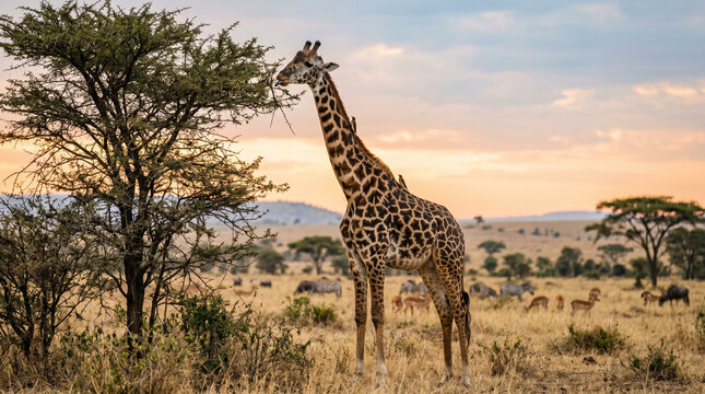 A giraffe standing in a savannah with trees and zebras in the background at sunset