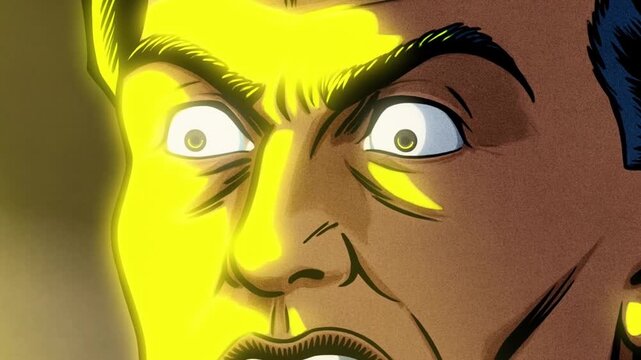 Slow motion zoom in on comic man reacting to sudden yellow light inside dim interior room close up portrait revealing shocked expression and glowing illumination