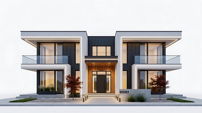 Modern luxury duplex house exterior with sleek architectural design and warm lighting at dusk