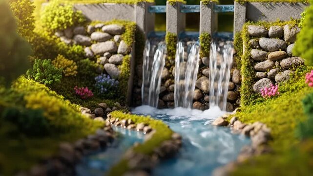 Miniature garden landscape with small stone waterfall and flowing stream surrounded by moss and flowers