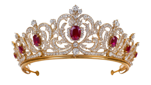 Ornate gold tiara with diamonds and rubies