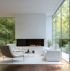 Obraz premium Side view modern minimalist living room fireplace glass wall forest daylight, serene interior with white sofa, lounge chair, rug