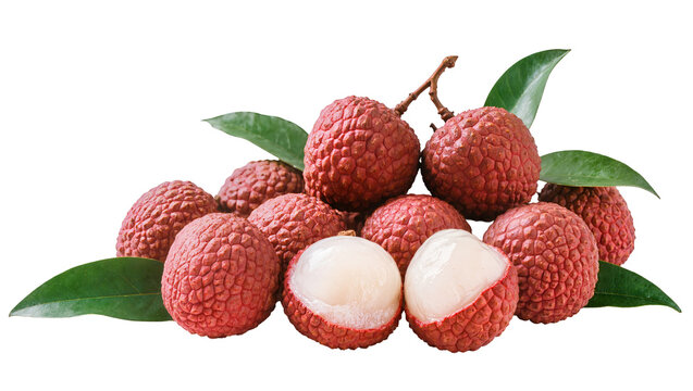 Ripe red lychee fruits with green leaves and cut open halves