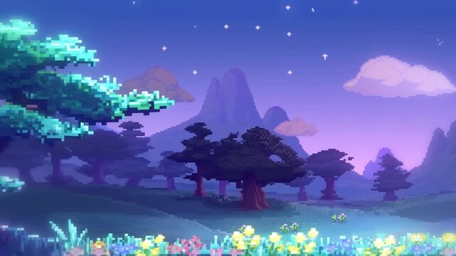 Panning slow tracking shot of pixel art meadow with glowing flowers and trees in twilight mountain valley sky