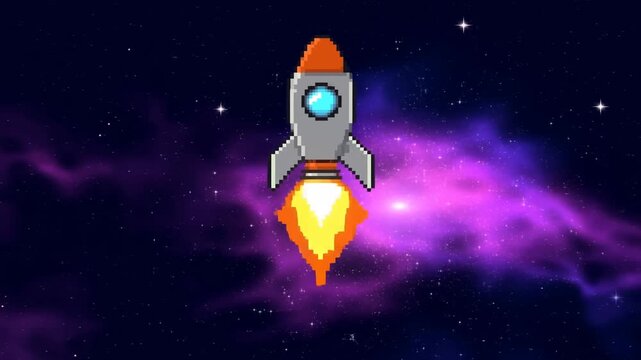 Tracking shot of pixel art rocket ascending with fiery thrusters through purple nebula starfield in outer space retro arcade animation