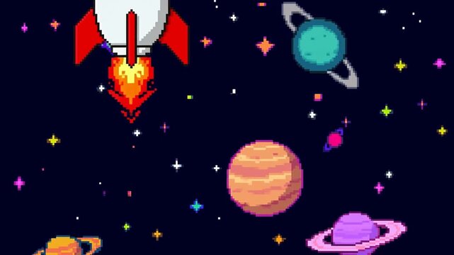 Tracking shot of pixel rocket rising through retro outer space with colorful planets stars and flames ascending in looping arcade style animation