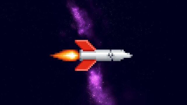 Tracking shot of pixel rocket flying across starry space with purple nebula background in retro 2d side view animated sprite loop for game style scene