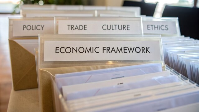 Organized file folders with labels for economic framework, policy, trade, culture, ethics in a professional workspace setting