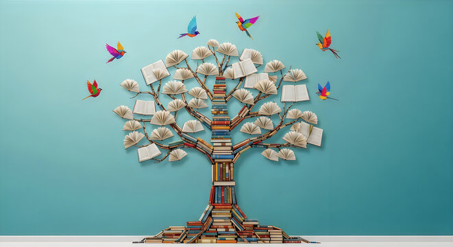 Book tree with colorful birds illustration on a teal background representing knowledge and learning
