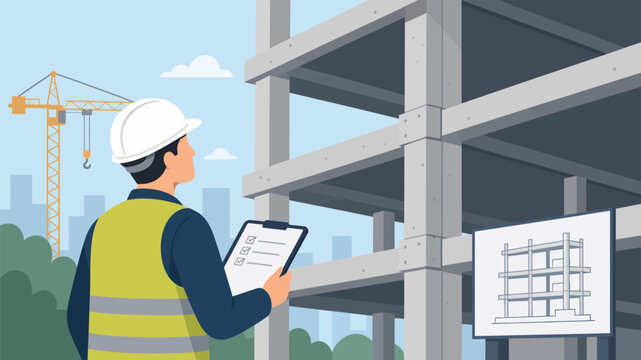 Male civil engineer in safety gear inspecting concrete building structure with checklist at construction site