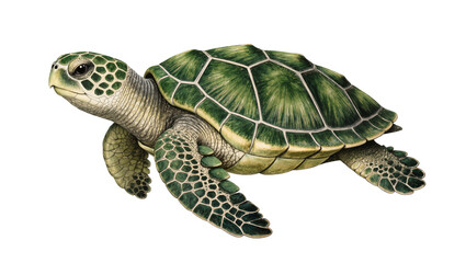 Green sea turtle swimming, detailed reptile with patterned shell © Fried