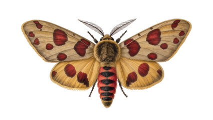 Fuzzy moth with yellow wings and red spots, black striped abdomen © Fried