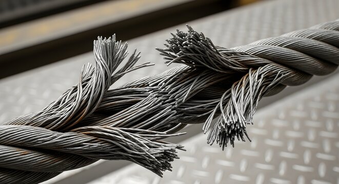 Closeup of a frayed and damaged steel wire rope
