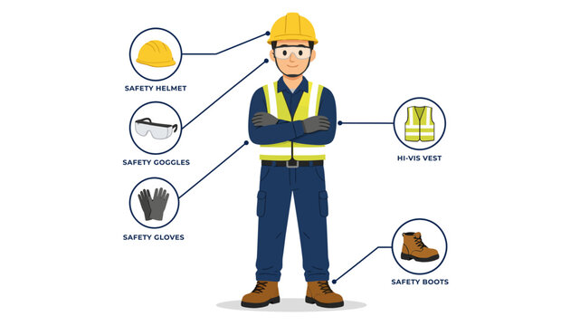 Construction worker vector illustration showing personal protective equipment PPE with labels for safety gear