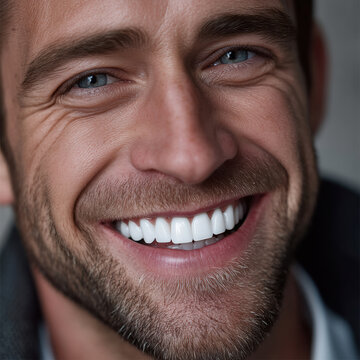 Smiling caucasian man portrait close up face blue eye beard showing white tooth, friendly expression, shallow depth of field, soft studio light