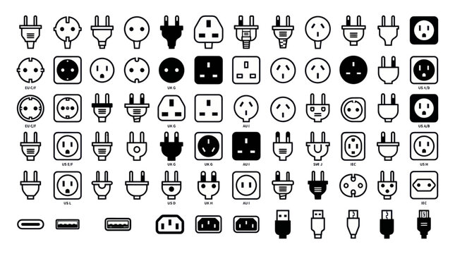 Collection of Electrical Plugs and Sockets Icons, Power Connectors Set