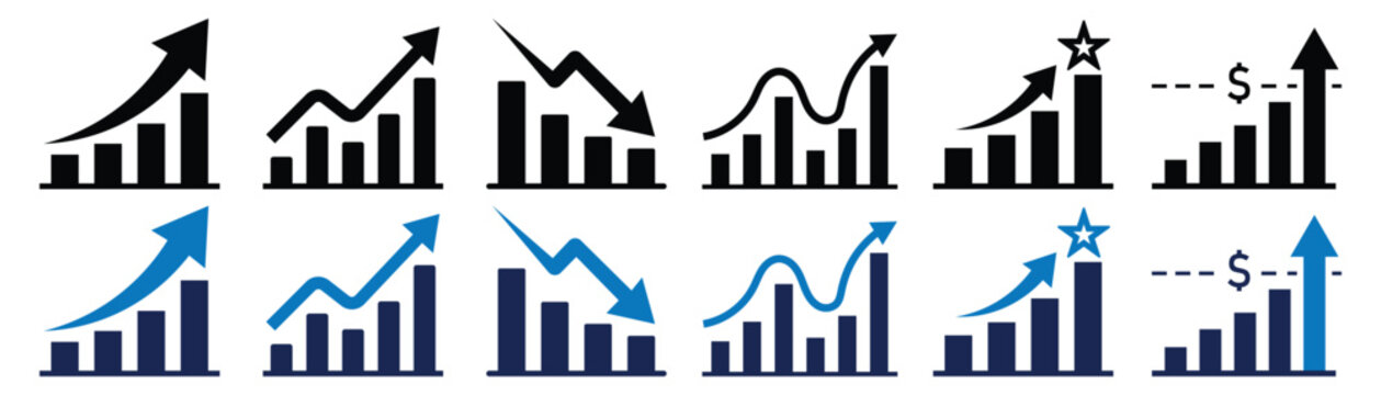 Bar chart collection showing growth and decline trends with arrow icons in blue and black colors for financial reports data analysis and success.