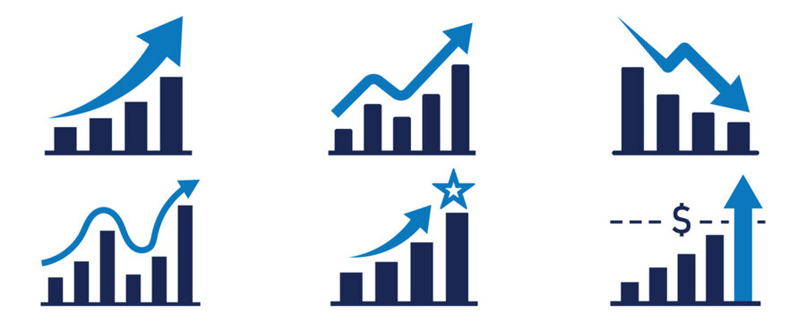 Set of professional financial growth and decline charts with arrows and symbols designed for corporate performance reporting and data analysis.