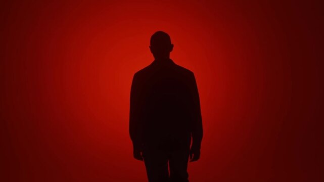 Tracking shot of silhouetted man walking forward against red studio backdrop with steady forward movement and shadowed profile in controlled lighting environment minimal composition cinematic mood