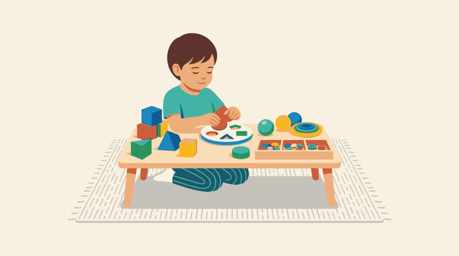 Young boy focused on playing with educational wooden toys on a table, developing fine motor skills and cognitive abilities.