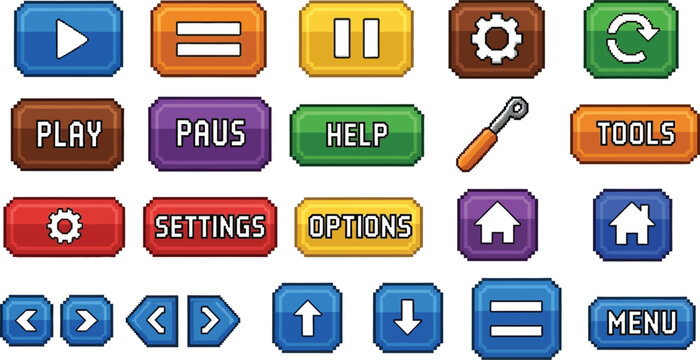 Pixel style game control buttons set Vector