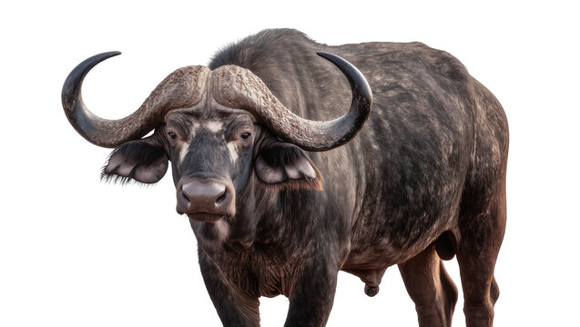 African buffalo with large curved horns and dark textured fur