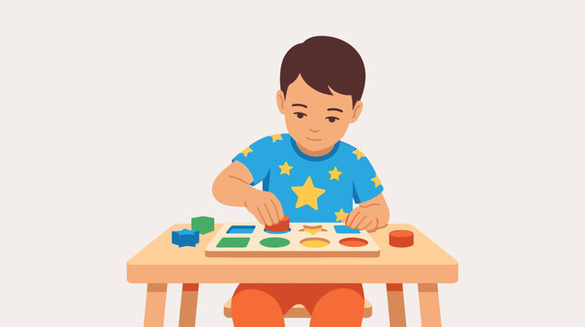 Young boy playing with a colorful shape sorter toy, developing fine motor skills and problem-solving abilities in early childhood education. Vector illustration.