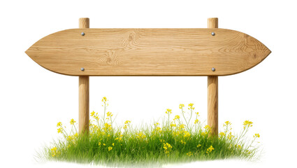 Wooden directional signpost with green grass and yellow wildflowers © Femke