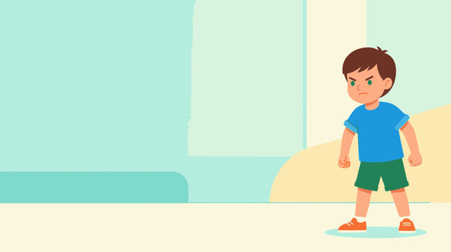Angry little boy illustration. Frustrated child having a tantrum, showing defiance or emotional distress. Good for parenting, child psychology, and behavioral issues.