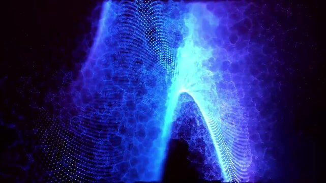 A stunning visualization of abstract particle waves in neon blue and purple shades moving dynamically and elegantly.