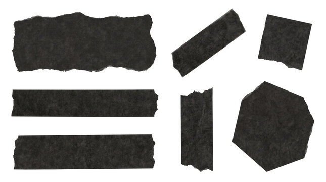 Collection of black adhesive tape pieces with distressed edges.