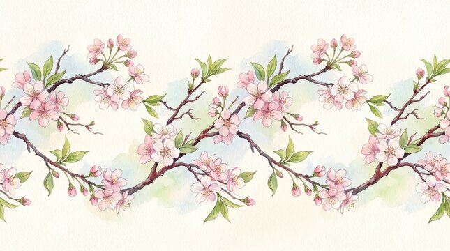 Watercolor seamless border drawing with branches and cherry blossoms