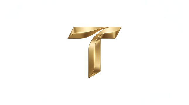 Sculpted ribbon‑like golden T monogram with sweeping diagonal crossing into solid stem beneath angular top bar, creating dynamic yet balanced premium symbol suited for innovative technology, fintech o
