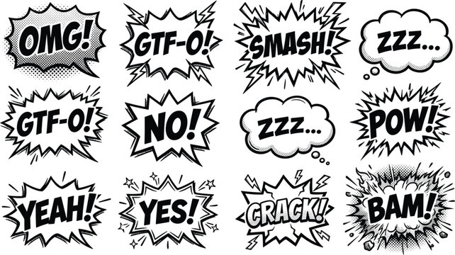 Dynamic collection of twelve comic style speech and action bubbles with bold text and halftone shading for graphic design