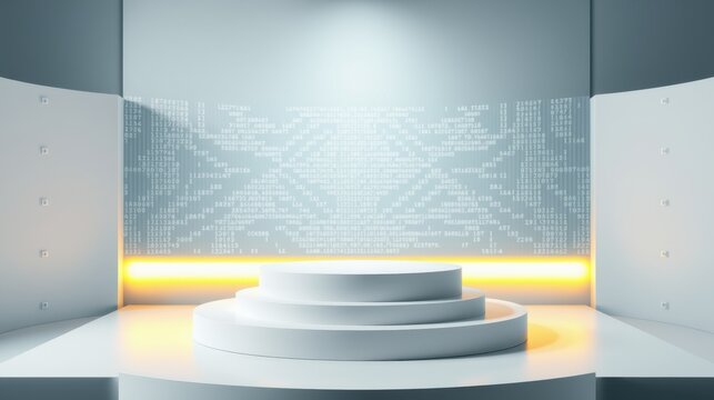 Minimalist stage setup. Circular platforms illuminated by warm light. Background displays binary code pattern. Futuristic, clean aesthetic.