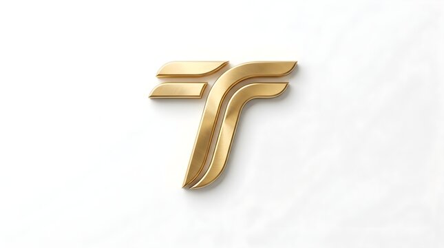 Flowing twin‑stroke golden T logo with extended aerodynamic arms and smooth parallel curves on white background, expressing speed, innovation and forward motion for transport, technology or sports bra
