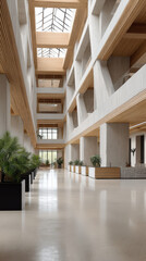 Naklejka premium Atrium courtyard architecture sunlight skylight interior lobby modern building with concrete and wood facade, indoor plant, airy space
