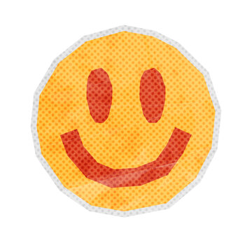 Retro Halftone Smiley Face Doodle Sticker. Happy emoji reaction element for social media post, meme and blog