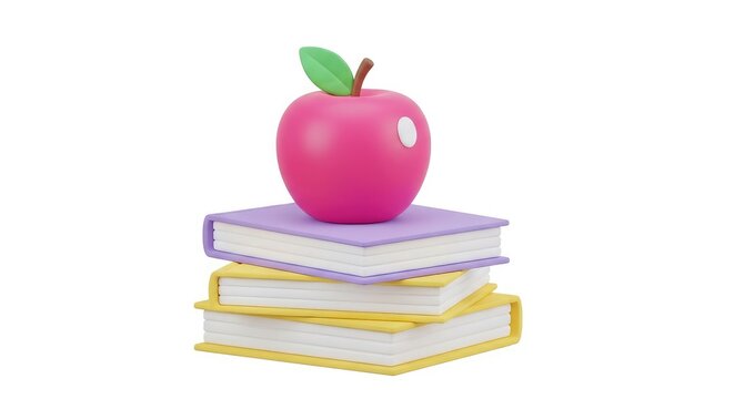Back to school concept stack of books with a bright red apple 3d render illustration